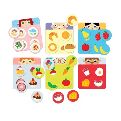 Jogos infantis de cartas coloridas com desenhos de alimentos e crianças sorridentes