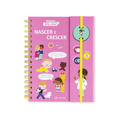 Livro infantil rosa com espiral e elástico amarelo