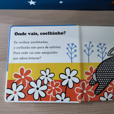 Página de livro infantil com texto e ilustrações de coelho e flores coloridas.