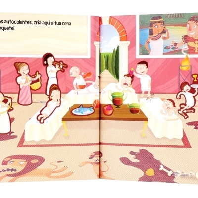 Livro infantil aberto com ilustrações de banquete antigo e texto em português
