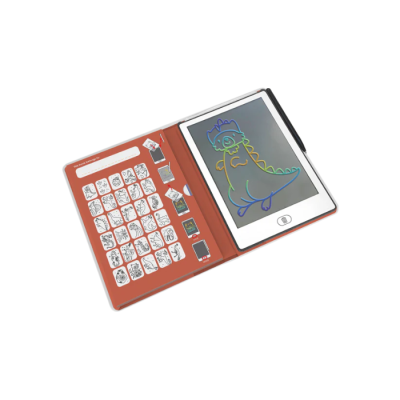 Capa castanho avermelhado para tablet com desenho interativo colorido de dinossauro e abas com desenhos em preto e branco