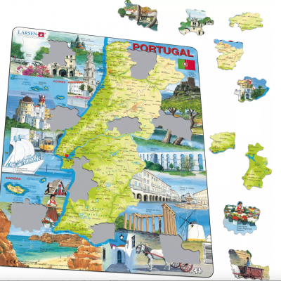 Puzzle ilustrado de Portugal com peças destacadas mostrando várias regiões e elementos culturais