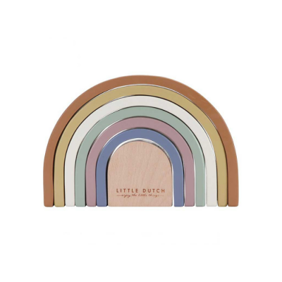 Arcos de madeira colorida empilhados formando um arco-íris com base em madeira natural e texto LITTLE DUTCH