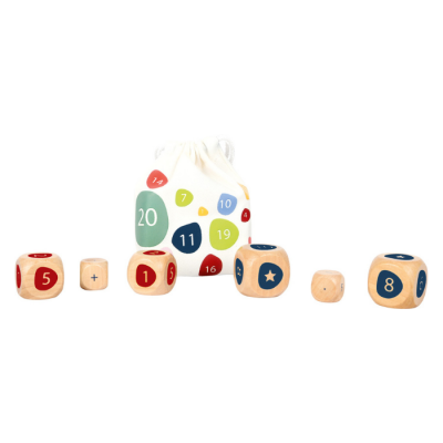 Dados de madeira coloridos e saco de tecido branco com círculos numerados