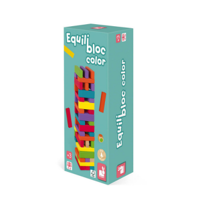 Caixa de jogo Equilibloc Color com blocos de madeira coloridos empilhados