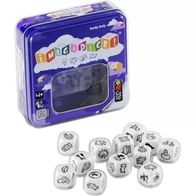 Jogo de dados com embalagem roxa e dados brancos com símbolos pretos