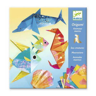 Caixa de origami DJECO com animais marinhos em papel colorido e padrão brilhante