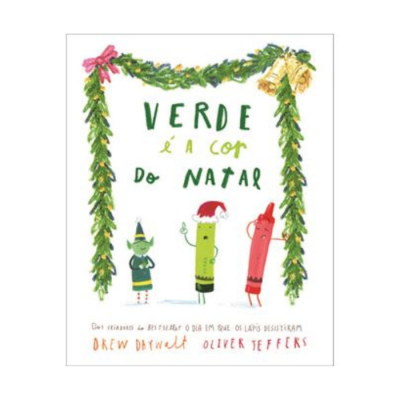 Capa do livro 'VERDE é a cor DO NATAL' com ilustrações de lápis coloridos em fundo branco.