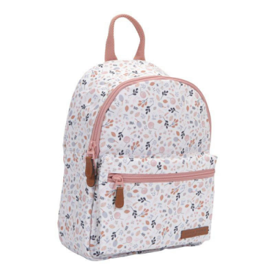 Mochila floral com alça rosa e bolso frontal
