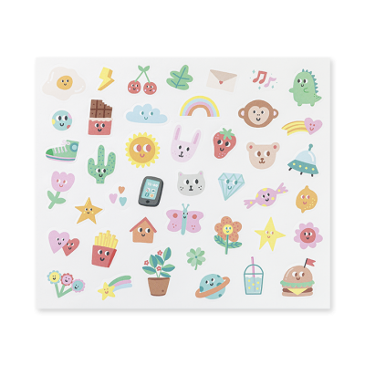 Folha branca com autocolantes coloridos de desenhos variados em estilo pastel