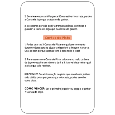Carta de jogo com regras em português e título destacado 'Cartas de Pista'