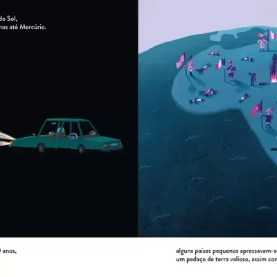 Ilustração com carro verde, globo roxo e mapa de África azul com figuras e bandeiras cor de rosa