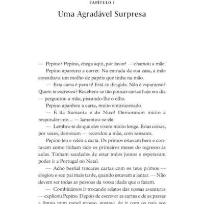 Página de livro com texto em português e título 'Uma Agradável Surpresa'