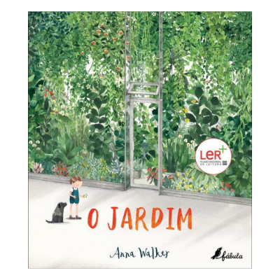 Capa de livro infantil 'O JARDIM' com ilustração de menino, gato e jardim verde.