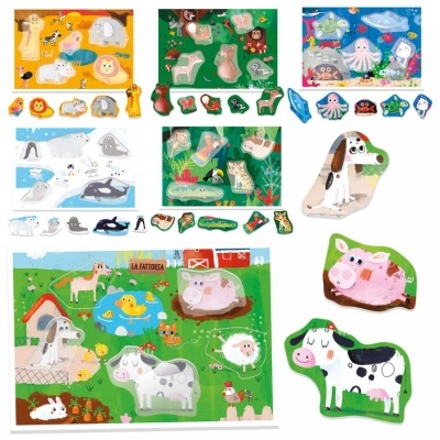 Conjunto de puzzles infantis de animais em tabuleiros coloridos