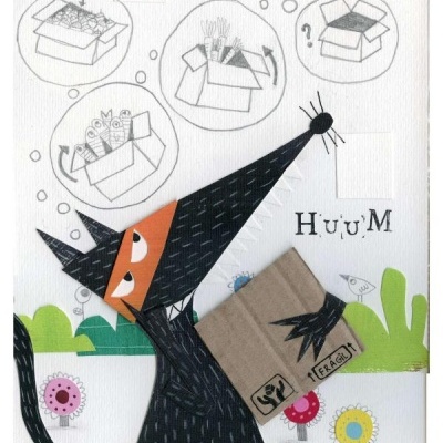 Ilustração de um lobo segurando uma caixa frágil em cenário colorido