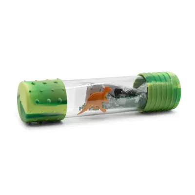 Tubo transparente com figuras de dinossauros e tampas verdes
