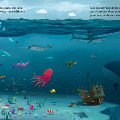 Ilustração do mar com várias criaturas marinhas, barco à superfície, icebergue e texto em português.