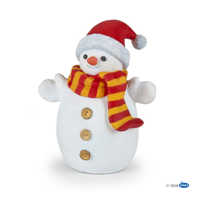 Boneco de neve branco com cachecol às riscas e chapéu de Natal vermelho.