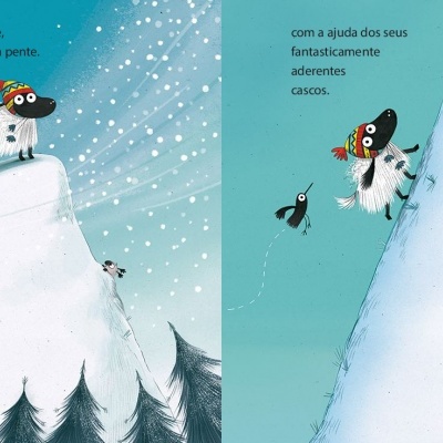 Cão branco com orelhas pretas numa montanha nevada, rodeada de pinheiros, ilustrada em duas cenas numa história infantil.