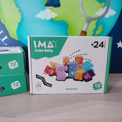 Caixa de brinquedo IMA Cube Baby para crianças mais de 24 meses com blocos coloridos de animais.