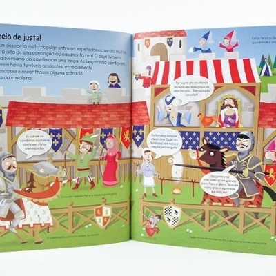 Livro infantil aberto com ilustração de torneio medieval de cavaleiros