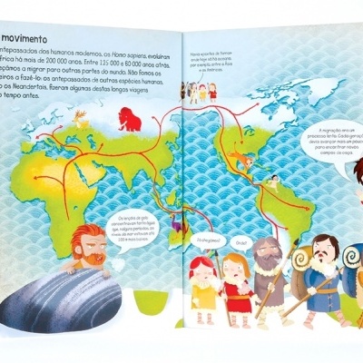 Livro aberto com mapa colorido e personagens históricos ilustrados