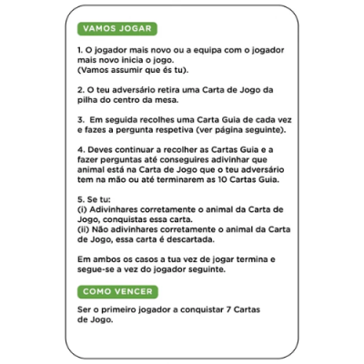 Carta de jogo com instruções em português e títulos verdes