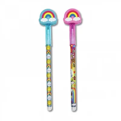 Dois marcadores de livros com ponteiras coloridas em forma de arco-íris e corpo decorado