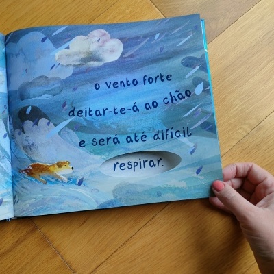 Página de livro ilustrado com texto em português e desenho de cão em ambiente ventoso