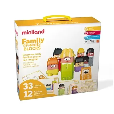 Conjunto de blocos Family diversity BLOCKS da miniland em caixa branca e amarela com figuras coloridas de blocos humanizados