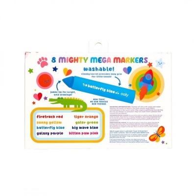 Embalagem branca de marcadores coloridos '8 MIGHTY MEGA MARKERS' com texto e ilustrações coloridas