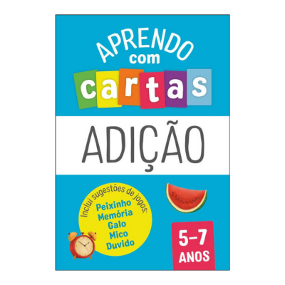 Cartão educativo azul e branco para aprendizagem de adição com jogos para crianças de 5-7 anos