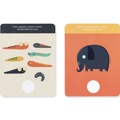 Cartas ilustradas com peixes e elefante para contar e escrever números
