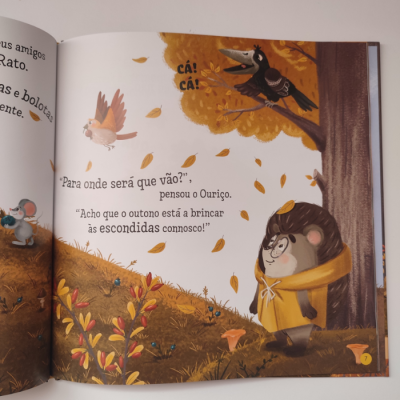 Página ilustrada de livro infantil com ouriço, pássaro, corvo e texto em português.