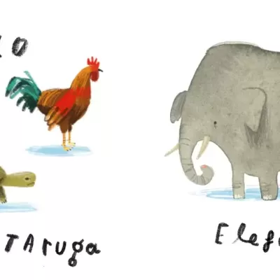 Desenhos de um galo, uma tartaruga e um elefante com seus nomes escritos em português.