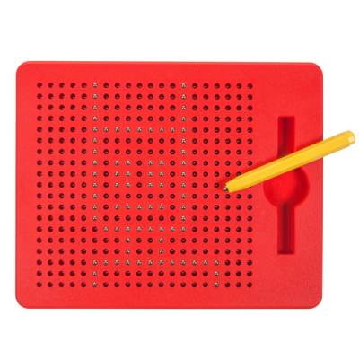 Quadro magnético vermelho com pinos metálicos e caneta amarela para desenhar