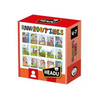Embalagem de jogo educativo de cartas HEADU FUNNY ROUTINES com ilustrações coloridas e texto SEQUENCE STORIES