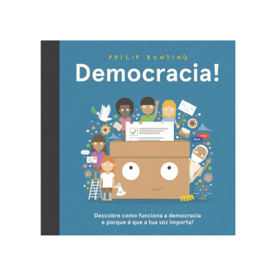 Capa de livro infantil sobre democracia com ilustração de urna eleitoral e crianças