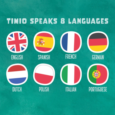 Bandeiras de oito países indicando oito línguas faladas por TIMIO.