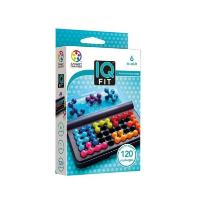 Embalagem do jogo IQ Fit com peças coloridas e informação até 120 desafios para 1 jogador a partir dos 6 anos