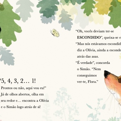 Ilustração de história infantil com animais e texto em português