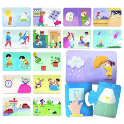 Ilustrações coloridas estilo cartoon mostrando crianças em várias atividades diárias e objetos como sol, relógio, cão, guarda-chuva, lâmpada, interruptor.