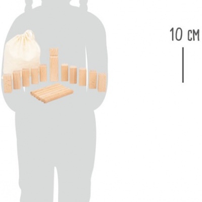 Peças de madeira clara e bolsa de tecido sobre fundo branco com régua de 10 cm