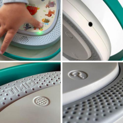 Colagem de fotos de caixa de som infantil branca com desenhos de animais e detalhes verdes, marca TIMO visível