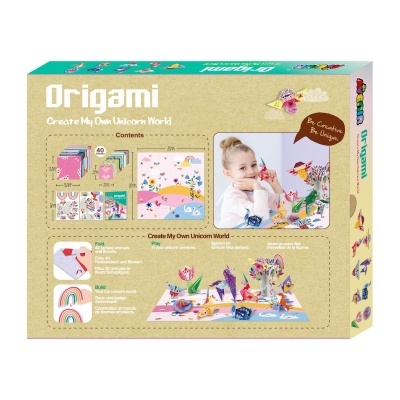 Caixa de origami Create My Own Unicorn World com criança a fazer origami