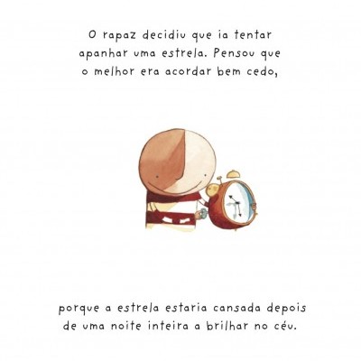 Desenho de rapaz a segurar despertador com texto em português sobre tentar apanhar uma estrela