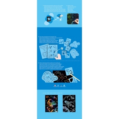Kit de arte para crianças com papéis para raspar e instruções em fundo azul