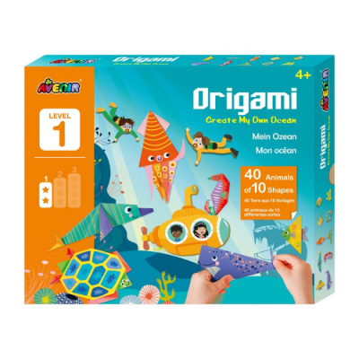 Caixa de jogo origami Criar o Meu Próprio Oceano para crianças com animais de origami coloridos.