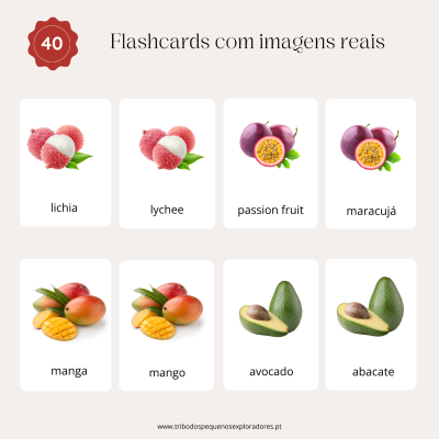 Flashcards de frutas reais com nomes em português e inglês.